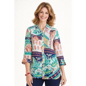 Chico’s 100% Linen Paisley Patchwork Print  Button Down Blouse Sz 16/18 Boho Top